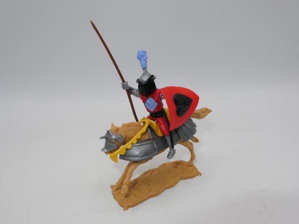 Timpo Toys Visierritter reitend, rot/hellblau mit Lanze auf Panzerpferd