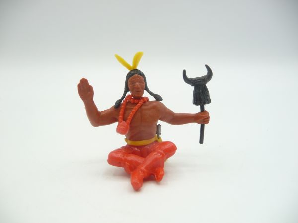 Timpo Toys Indianer 3. Version sitzend mit Stammeszeichen, grüßend