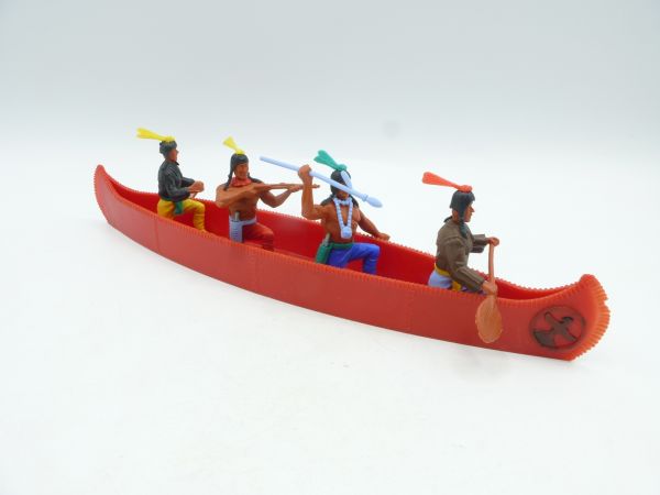 Timpo Toys Canoe with four Indians (red with black emblem)