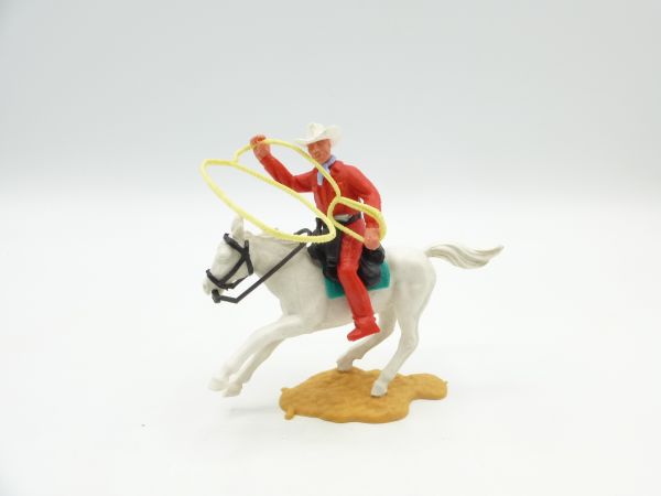 Timpo Toys Cowboy 2. Version reitend mit Lasso - tolle rote Farbkombi