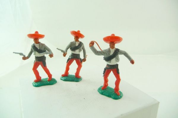 Timpo Toys 3 Mexicans, hats + trousers translucent red - great colour combination