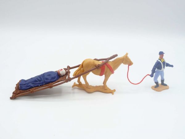 Timpo Toys Union Army soldier with transport of injured, horse with rare red bridle