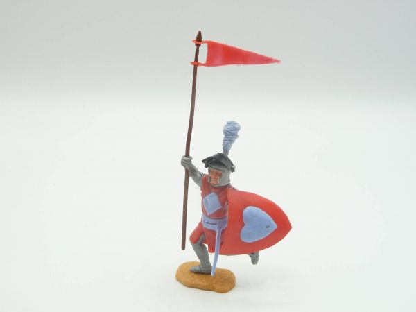 Timpo Toys Visor knight red/light blue running with flag (not Timpo)