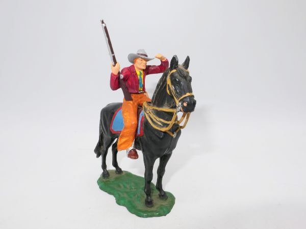 Preiser 7 cm Cowboy zu Pferd, spähend, Nr. 6994 - schöne Sammlerbemalung
