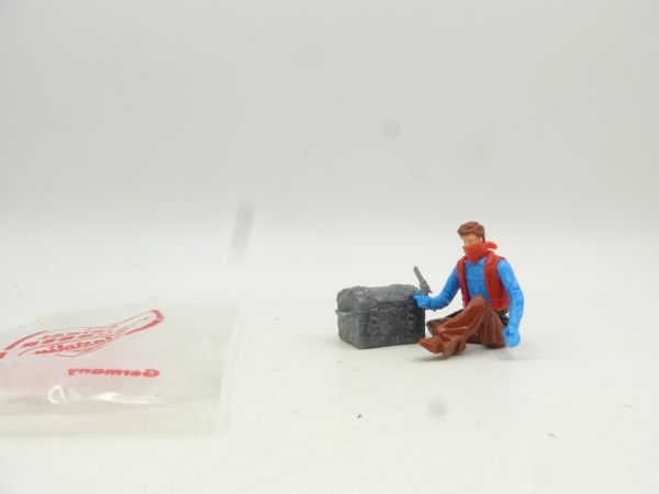 Elastolin 5,4 cm Bandit sitzend mit Truhe + Pistole - ladenneu, Originaltüte