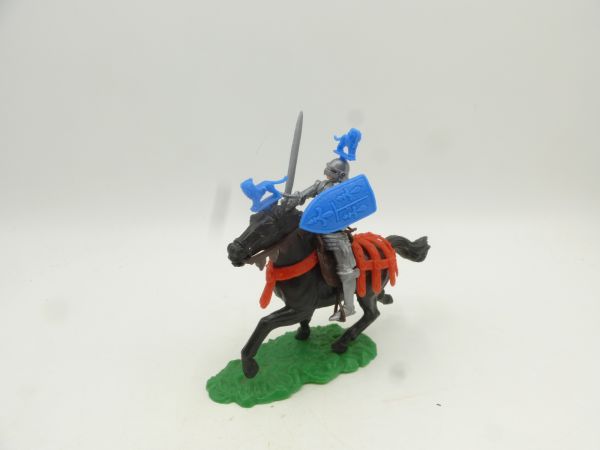 Elastolin 5,4 cm Ritter zu Pferd mit Schwert - Feder + Schild dunkelblau