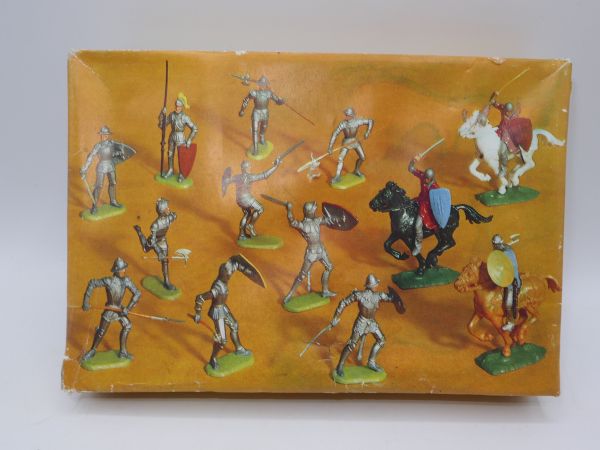 Elastolin 4 cm Rare box with 10 knights on foot + 3 Norman horsemen