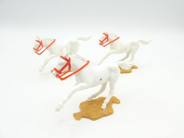 Timpo Toys 3 Pferde, galoppierend, weiß mit rotem Zaumzeug / Zügel