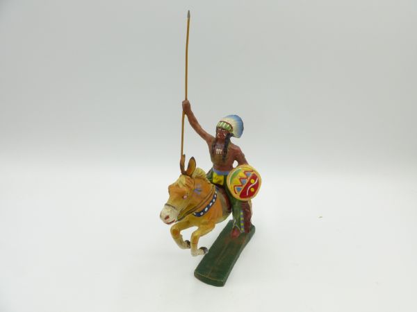Elastolin Masse Indianer zu Pferd mit Speer + Schild - schöne Figur, guter Zustand