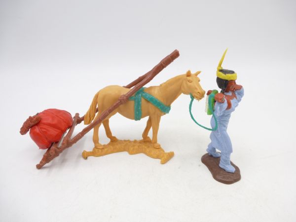 Timpo Toys Indianerin mit Travois (grünes Zaumzeug)