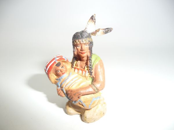 Elastolin Masse Indianerin kniend mit Kind - altersentsprechender Zustand, seltene Farbe