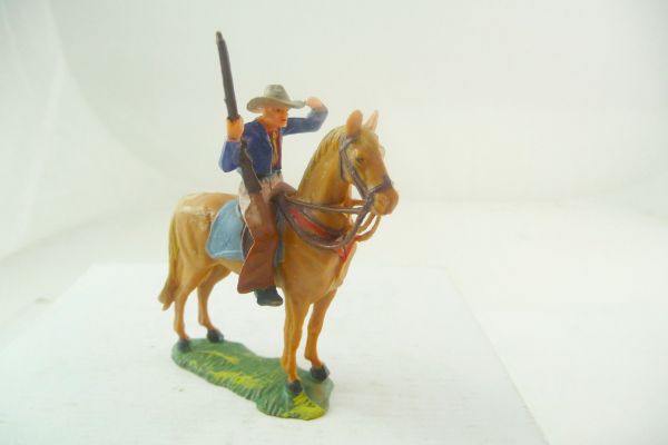 Elastolin 4 cm Cowboy zu Pferd, spähend, Nr. 6994, dunkelblaue Jacke