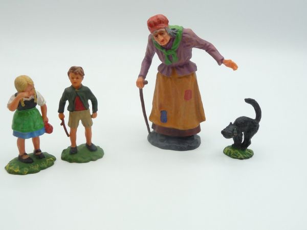 Elastolin 7 cm Great fairy tale set: witch with Hansel + Gretel + cat