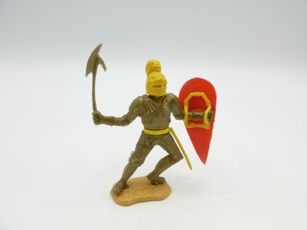 Timpo Toys Goldritter zu Fuß, gelber Kopf, rotes Schild