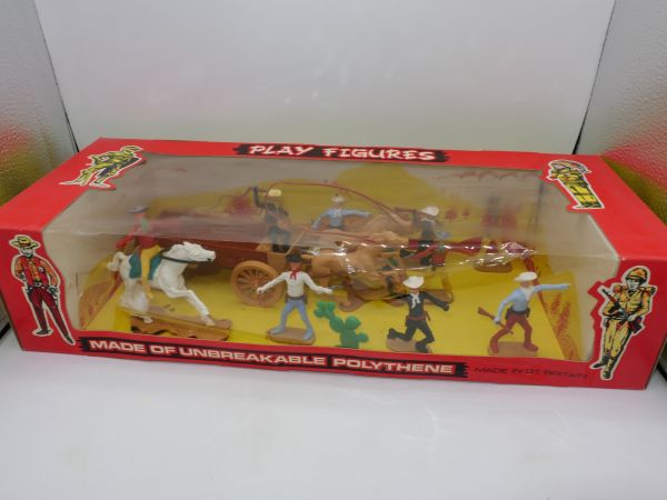 Cherilea Toys Tolle Wild West Box mit Flachwagen, 8 Figuren + Zubehör
