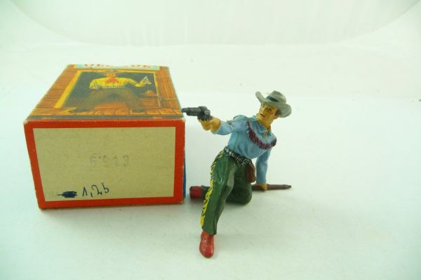 Elastolin 7 cm Cowboy kneeling with pistol, No. 6913, J-figure, 2. version - orig. packing