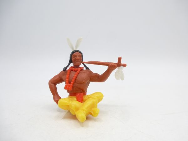Timpo Toys Indian 3rd version, sitting with pipe of peace, yellow trousers