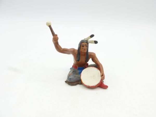Elastolin 7 cm Indianer sitzend mit Trommel, Nr. 6836 (graue Hose)
