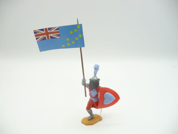Timpo Toys Visierritter stehend, rot/hellblau mit interessanter Fahne