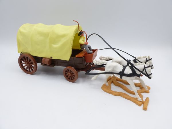 Timpo Toys Planwagen mit seltenem dunkelbraunen Chassis, Rädern + Fässern