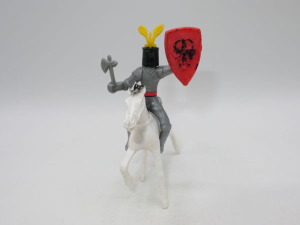 Ritter reitend (mehrteilig) mit Streitaxt + rotem Schild - seltene Figur