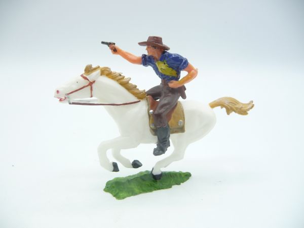Elastolin 4 cm Cowboy zu Pferd mit Pistole, Nr. 6992 - seltenes dunkelblaues Hemd
