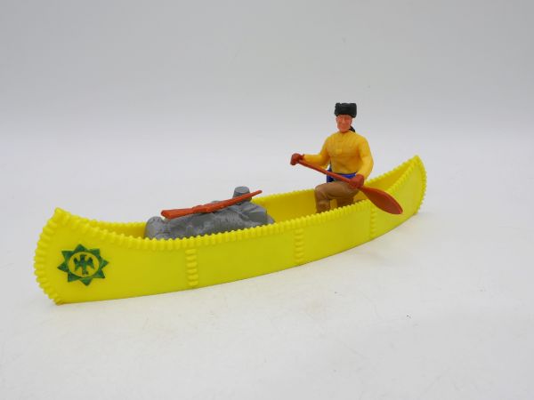 Timpo Toys Canoe with trapper + load (bright yellow, green emblem)