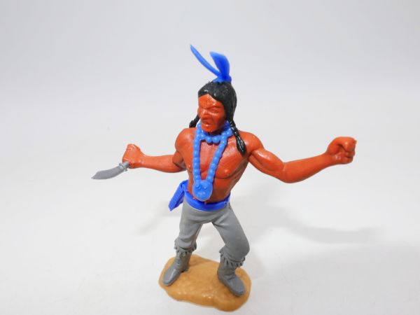 Timpo Toys Indianer 3. Version stehend mit Messer, mittelblaue Feder