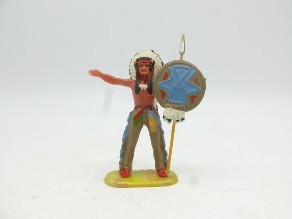 Elastolin 4 cm Indian chief standing with spear + shield, No. 6802