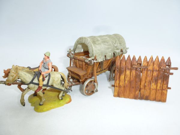 Elastolin 4 cm Norman battle wagon painting 2 with coachman + camp fence