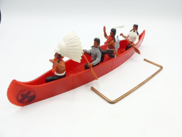 Timpo Toys Four man canoe (red with black emblem) with 4 Indians