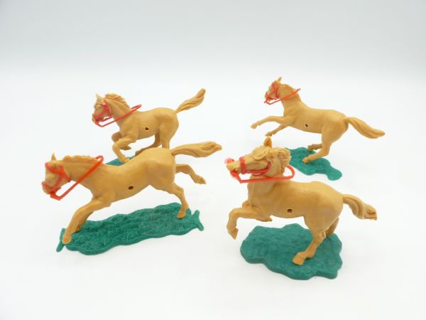 Timpo Toys 4 verschiedene Pferde, beige mit rotem Zaumzeug / Zügel