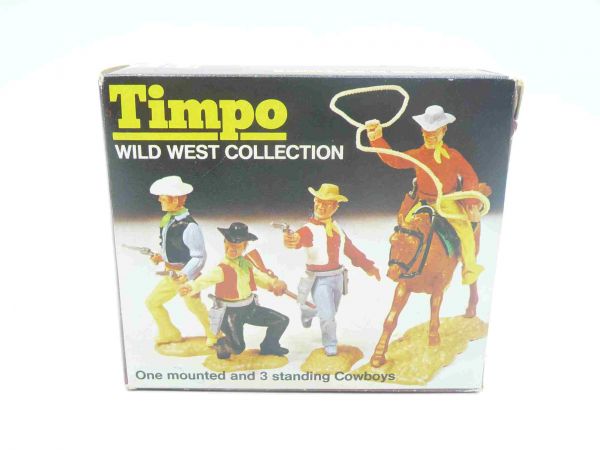 Timpo Toys Minibox Cowboys, Ref. Nr. 702 (1 Reiter, 3 Fußfiguren 3. Version) - selten