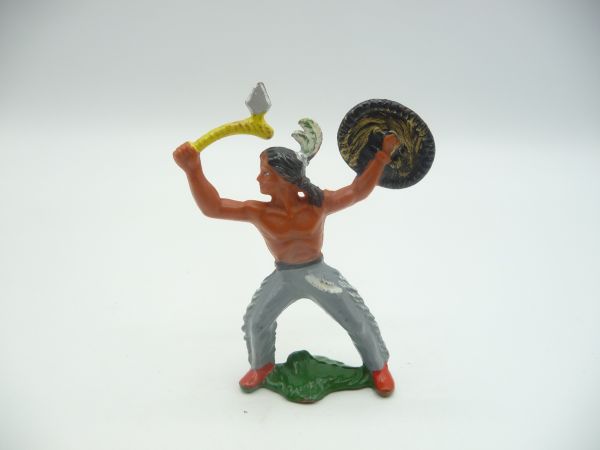 Indian throwing tomahawk with shield, grey trousers - great painting