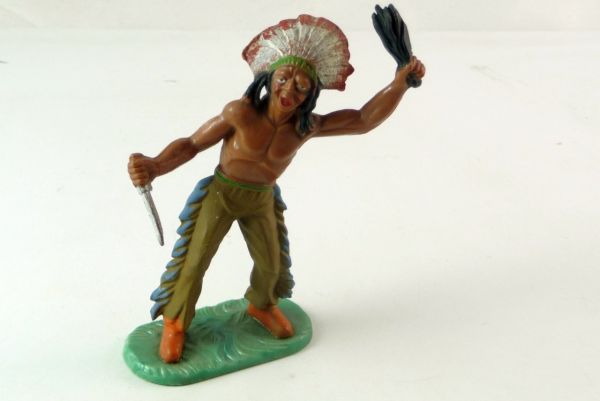 Elastolin 7 cm Indianer stehend mit Skalp auf J-Sockel Nr. 6888, Version 1