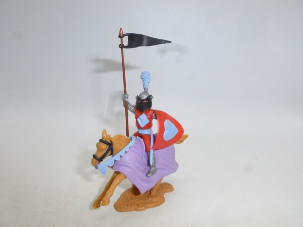 Timpo Toys Visierritter reitend, rot/hellblau mit Fahne - Schildschlaufen ok