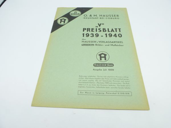 Elastolin Original "V" Preisblatt 1939-1940, Ausgabe Juli 1939 - sehr selten