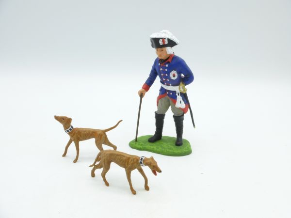 Preiser 7 cm Friedrich II / Fritz of Prussia with 2 greyhounds - brand new with orig. packaging