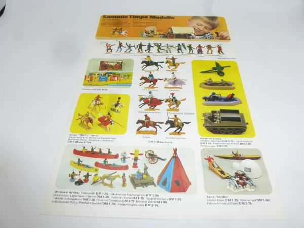 Timpo Toys Werbeblatt, doppelseitig, DIN A4 mit vielen bunten Abbildungen