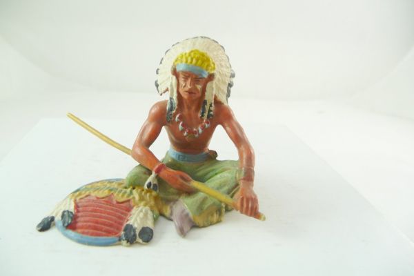 Elastolin 7 cm (beschädigt) Indianer sitzend mit Speer - tolle Bemalung