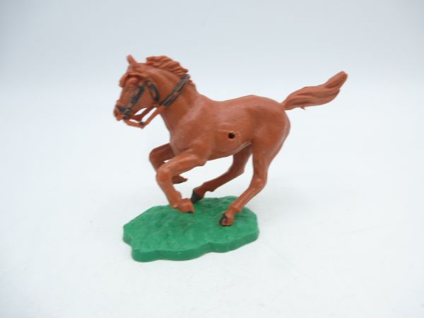 Timpo Toys Pferd 1. Version, rotbraun, kurz galoppierend, feste Zügel
