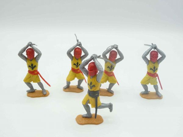 Timpo Toys 5 knights, striking ambidextrously over head, yellow/red