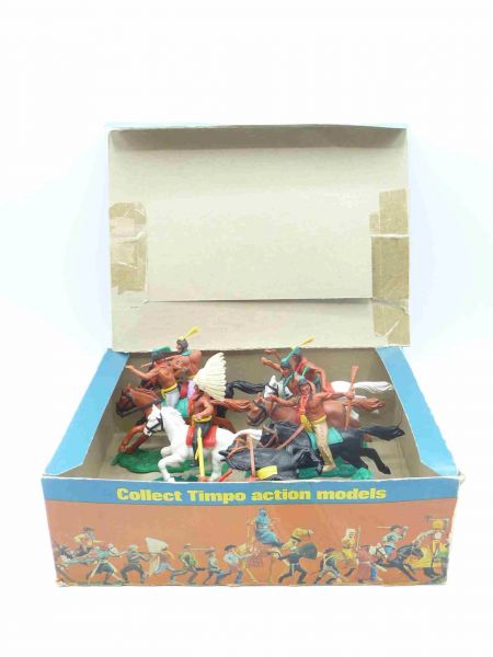 Timpo Toys Schüttkarton mit 8 reitenden Indianern 2. Version - Box mit Lagerspuren