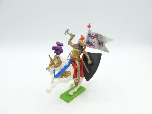Britains Deetail Gold knight riding with battle axe, flag + shield, 3rd version