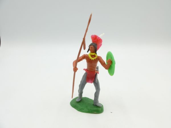 Elastolin 5,4 cm Irokese stehend mit Speer, Schild + Tomahawk