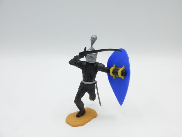 Timpo Toys Schwarzer Ritter stehend, silberner Kopf, blaues Schild