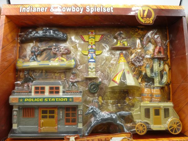17-piece Indian + Cowboy playset - orig. packaging, shrink-wrapped