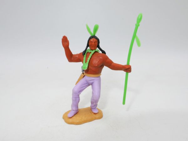 Timpo Toys Indianer 3. Version stehend, neongrüne Feder, Speer + Halsschmuck