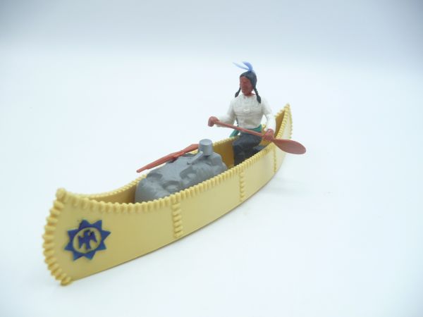 Timpo Toys Kanu mit Indianer + Ladung, beigegelb mit dunkelblauem Emblem