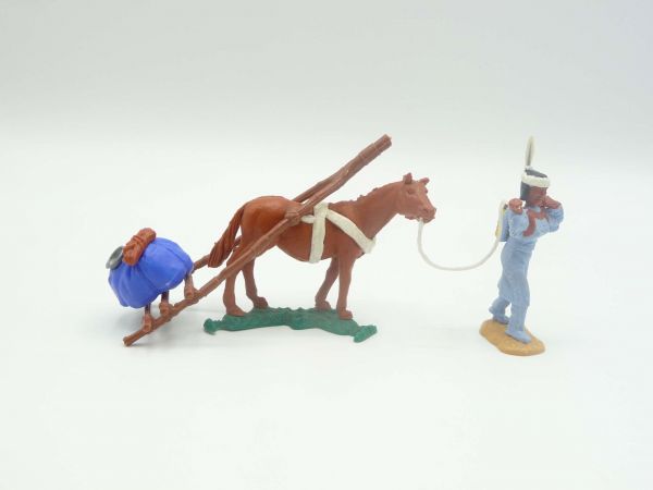 Timpo Toys Indianerin mit Travois (mittelblaue Ladung) - seltenes braunes Pferd